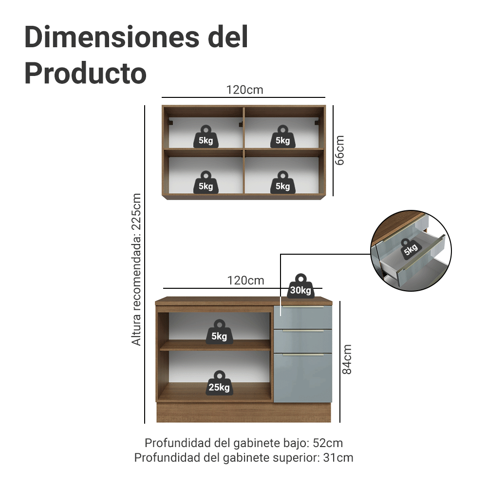 Cocina Integral 120 cm Marrón/Gris Lux Madesa 01