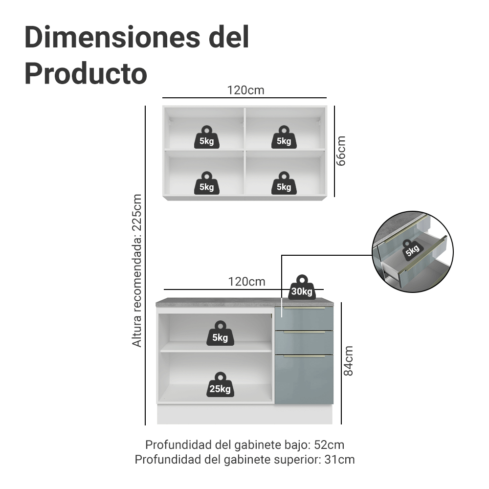 Cocina Integral 120 cm Blanco/Gris Lux Madesa 01