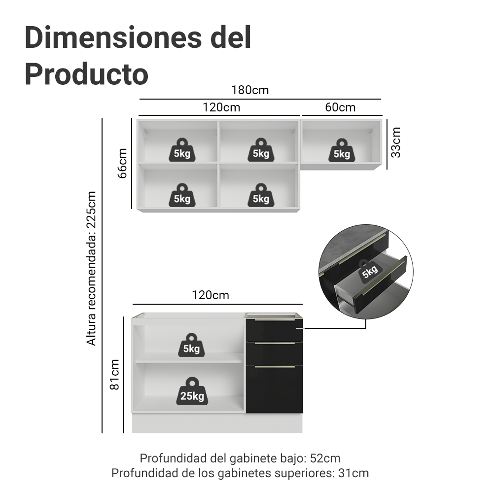 Cocina Integral 180 cm Blanco/Negro Lux Madesa 02