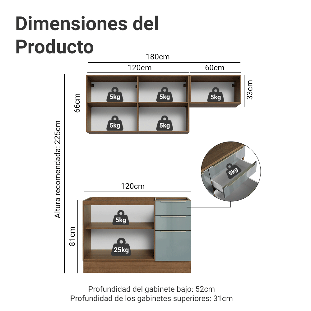 Cocina Integral 180 cm Marrón/Gris Lux Madesa 02