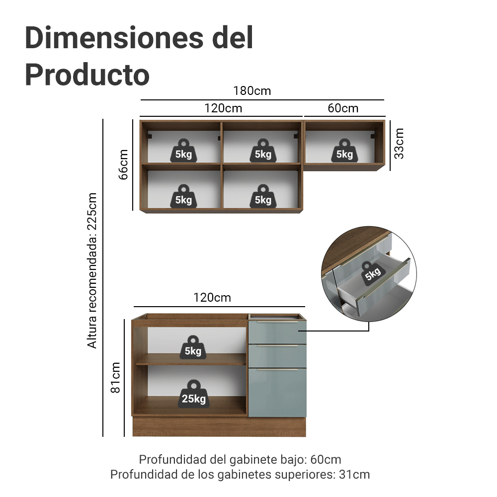Cocina Compacta 180 x 60 cm Marrón/Gris Lux Madesa 03