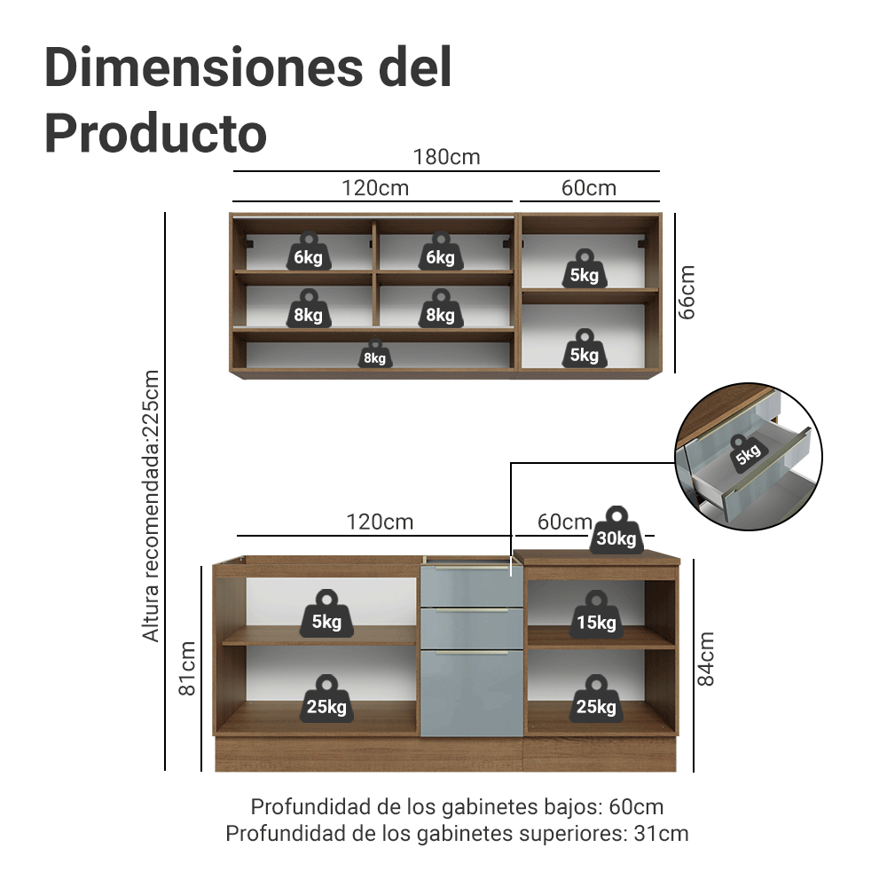 Cocina Compacta 180 x 60 cm Marrón/Gris Lux Madesa 05