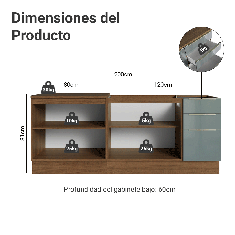 Cocina Compacta 200 x 60 cm Marrón/Gris Lux Madesa 06