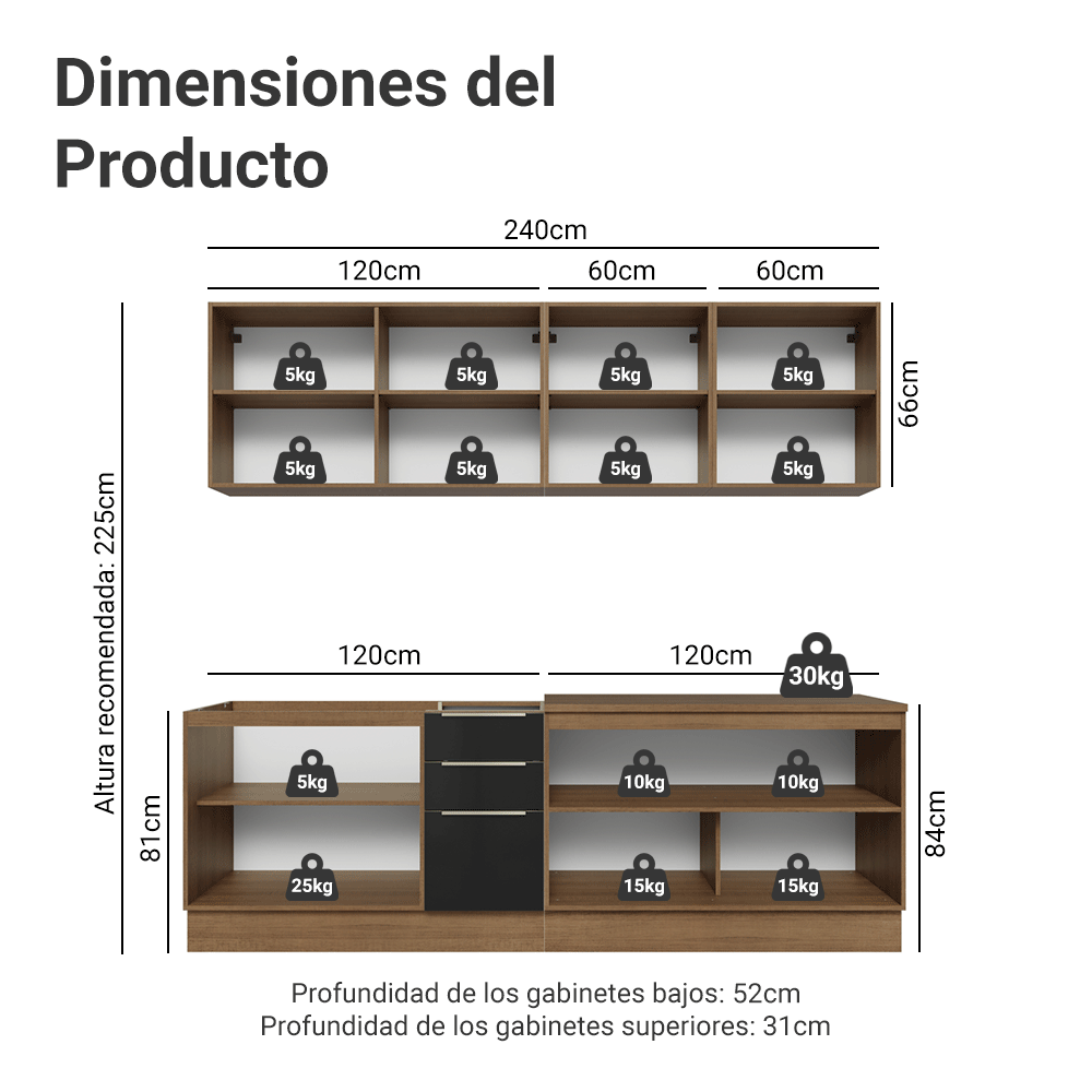 Cocina Integral 240 cm Marrón/Negro Lux Madesa 09