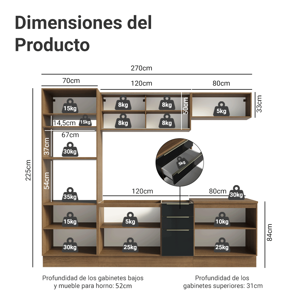 Cocina Integral 270 cm Marrón/Negro Lux Madesa 05