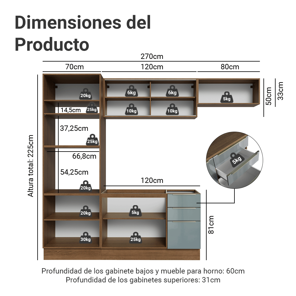 Cocina Integrale 270 x 60 cm Marrón/Gris Lux Madesa 08