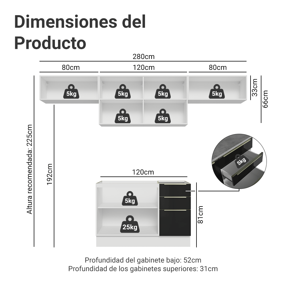 Cocina Integral 280 cm Blanco/Negro Lux Madesa 01