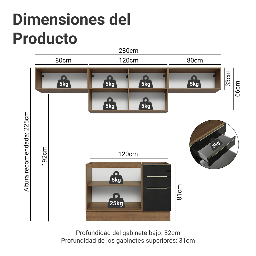 Cocina Integral 280 cm Marrón/Negro Lux Madesa 01