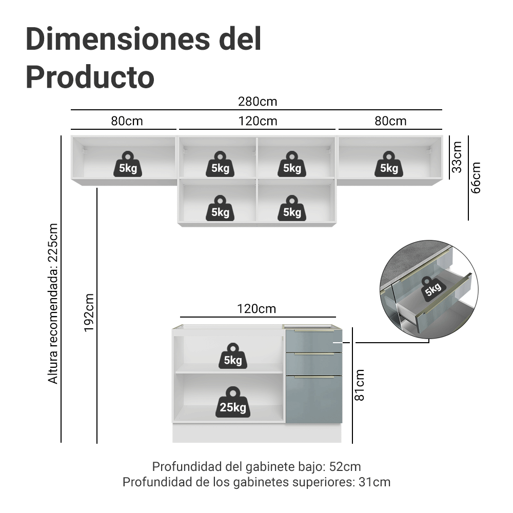 Cocina Integral 280 cm Blanco/Gris Lux Madesa 01
