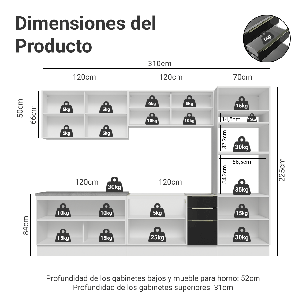 Cocina Integral 310 cm Blanco/Negro Lux Madesa 03