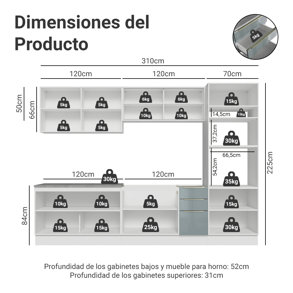 Cocina Integral 310 cm Blanco/Gris Lux Madesa 03