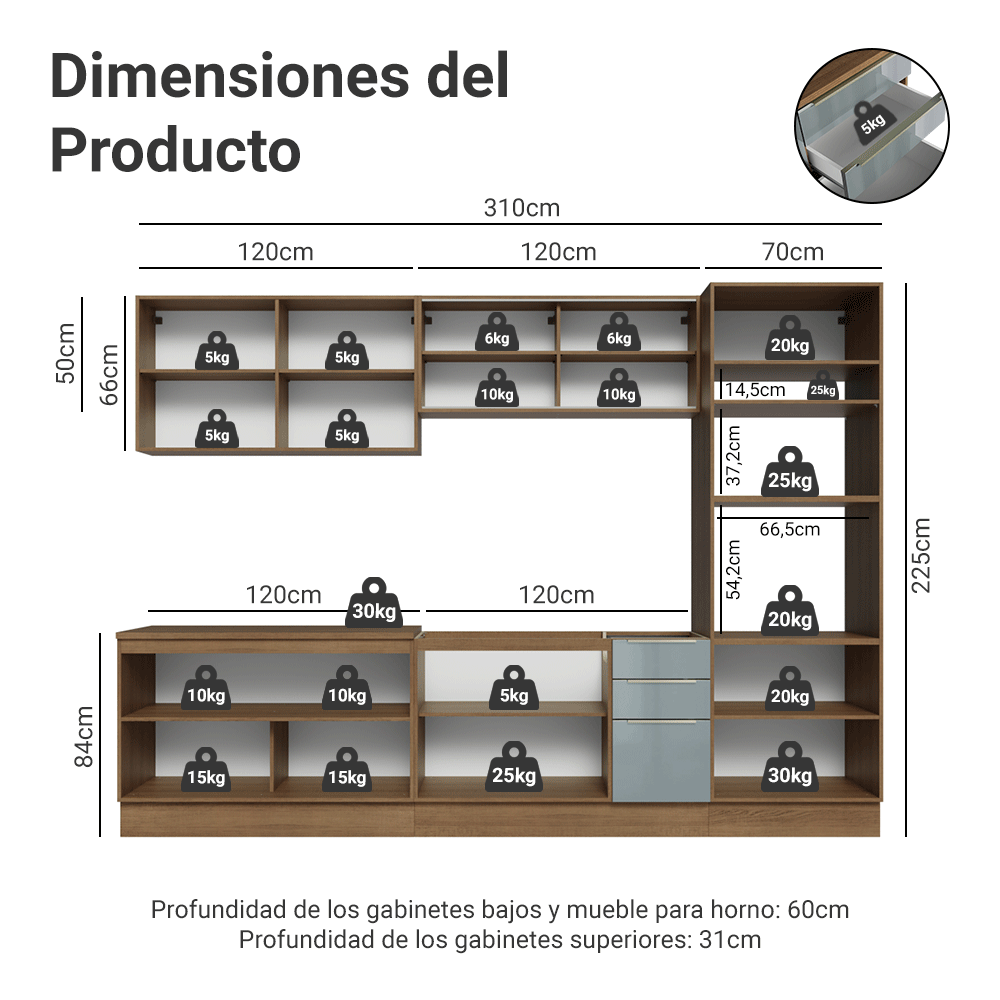 Cocina Integral 310 x 60 cm Marrón/Gris Lux Madesa 04