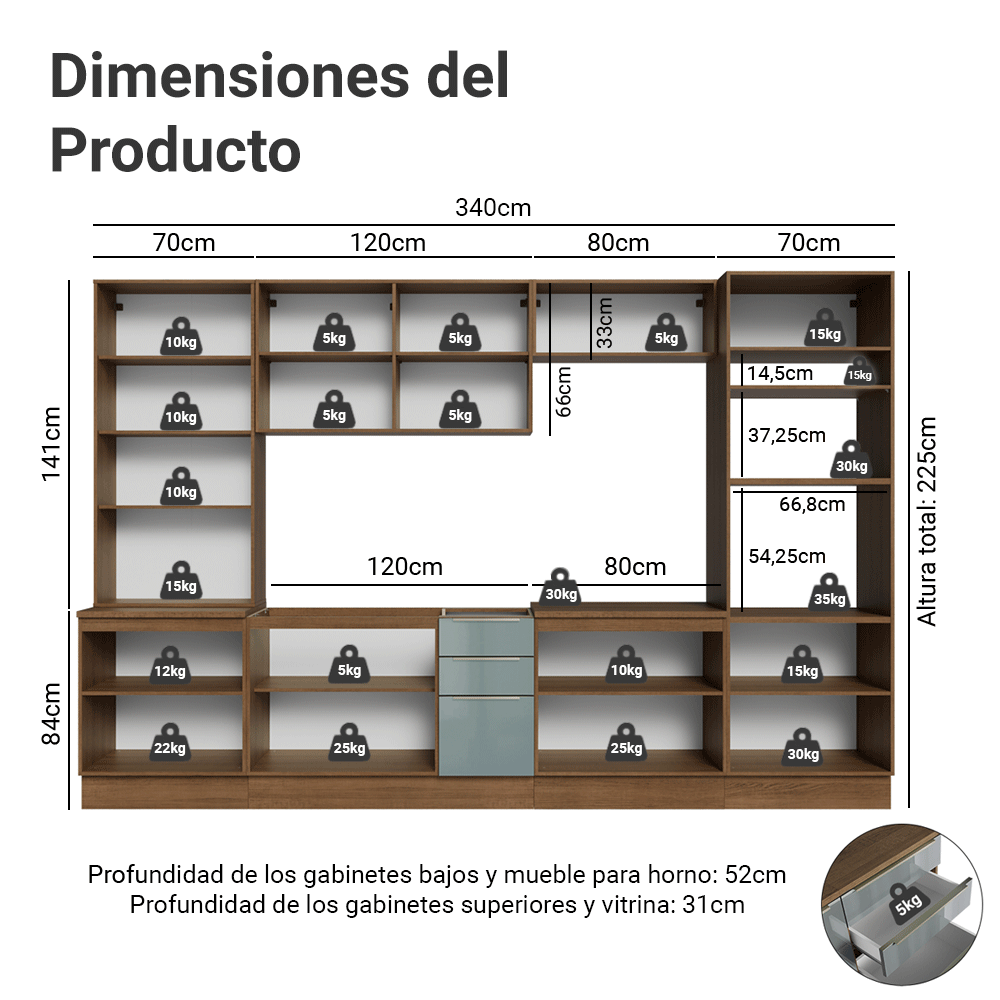 Cocina Integral 340 cm Marrón/Gris Lux Madesa 03