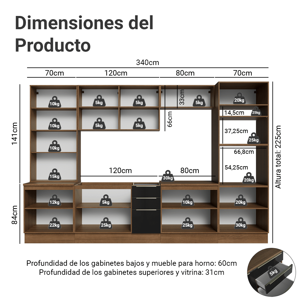 Cocina Integral 340 x 60 cm Marrón/Negro Lux Madesa 04