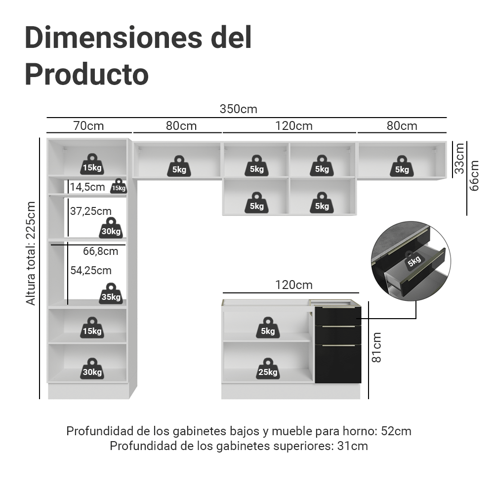 Cocina Integral 350 cm Blanco/Negro Lux Madesa 01