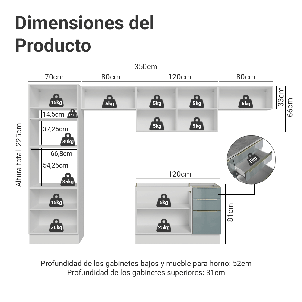 Cocina Integral 350 cm Blanco/Gris Lux Madesa 01