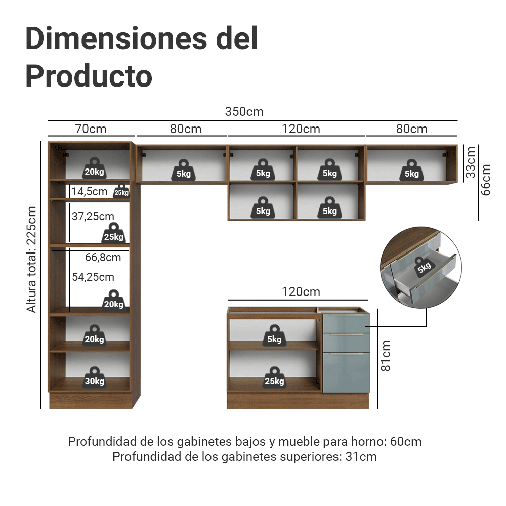 Cocina Integral 350 x 60 cm Marrón/Gris Lux Madesa 02