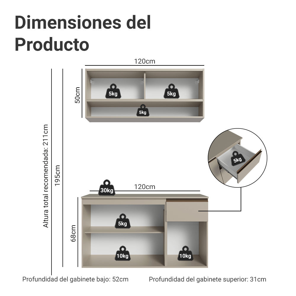 Cocina Integral 120 cm sin Patas Crema Nice 04