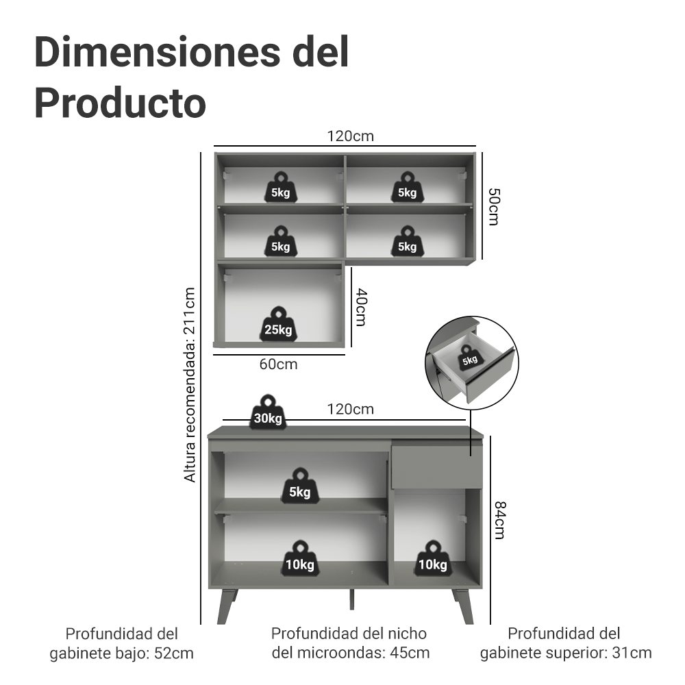 Cocina Compacta 120 cm Gris Nice Madesa 05
