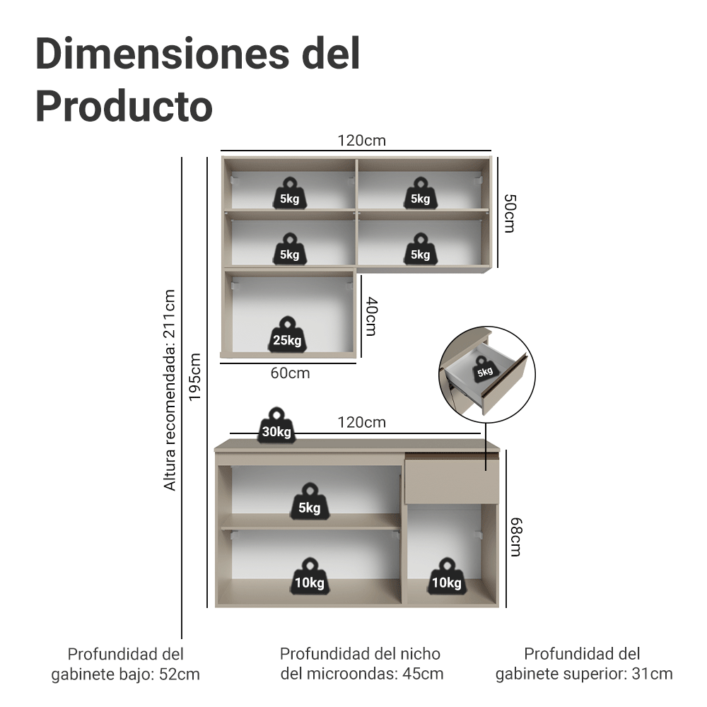 Cocina Integral 120 cm sin Patas Crema Nice 06