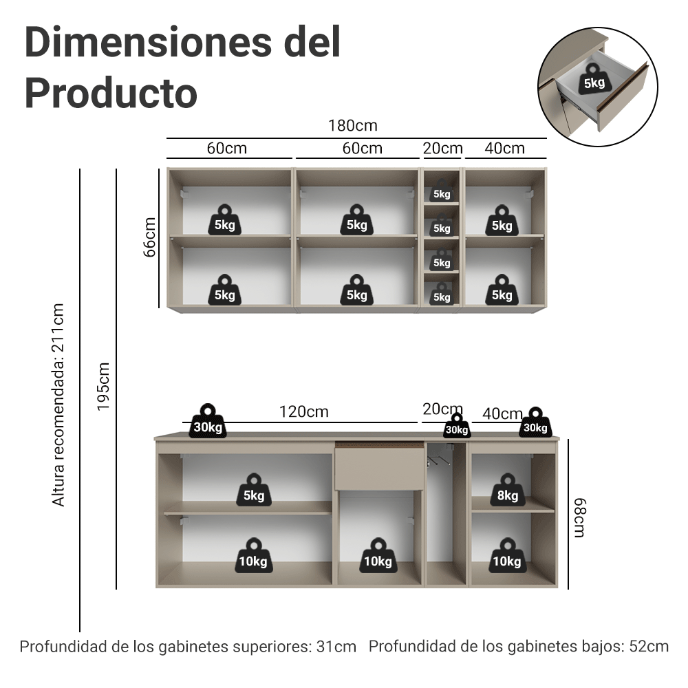 Cocina Compacta 180 cm Suspendida Crema Nice Madesa 04