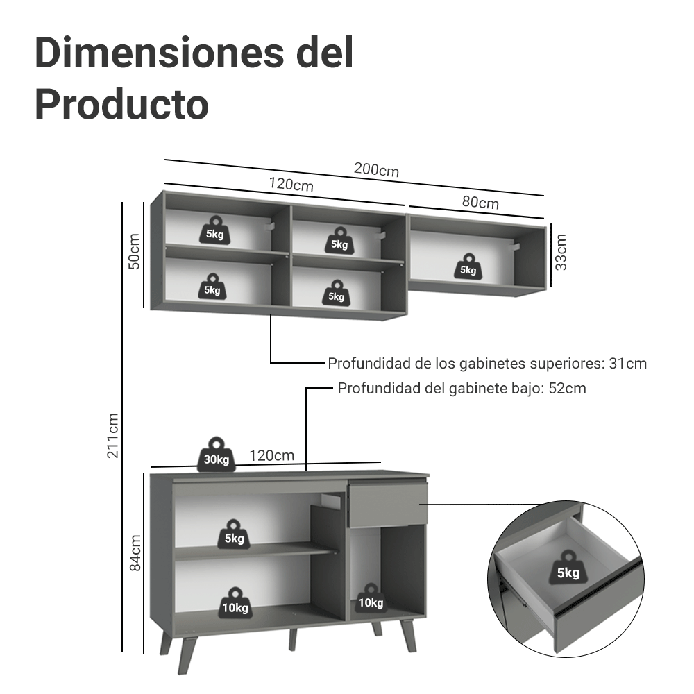 Cocina Compacta 200cm Gris Nice Madesa 03