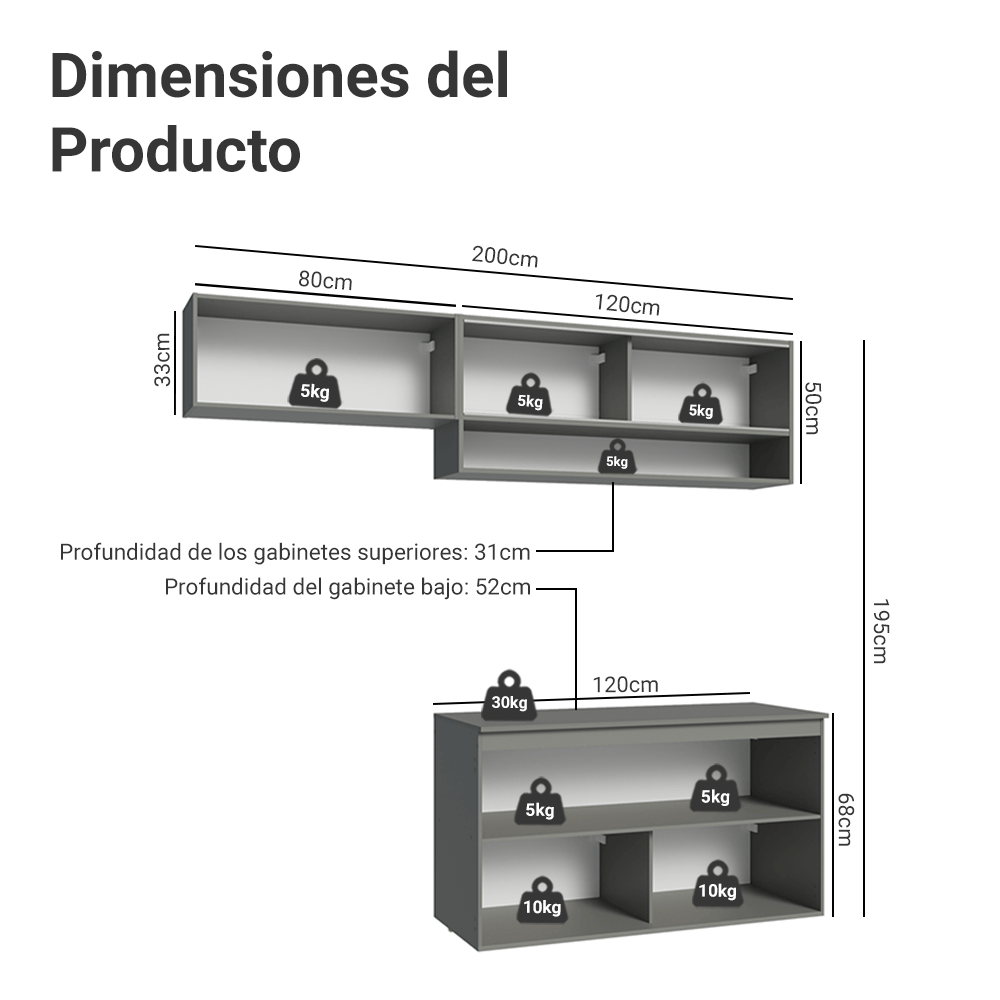 Cocina Integral 200 cm sin Patas Gris Nice 07