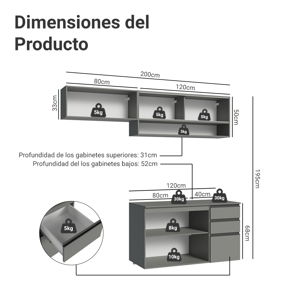 Cocina Integral 200 cm sin Patas Gris Nice 11