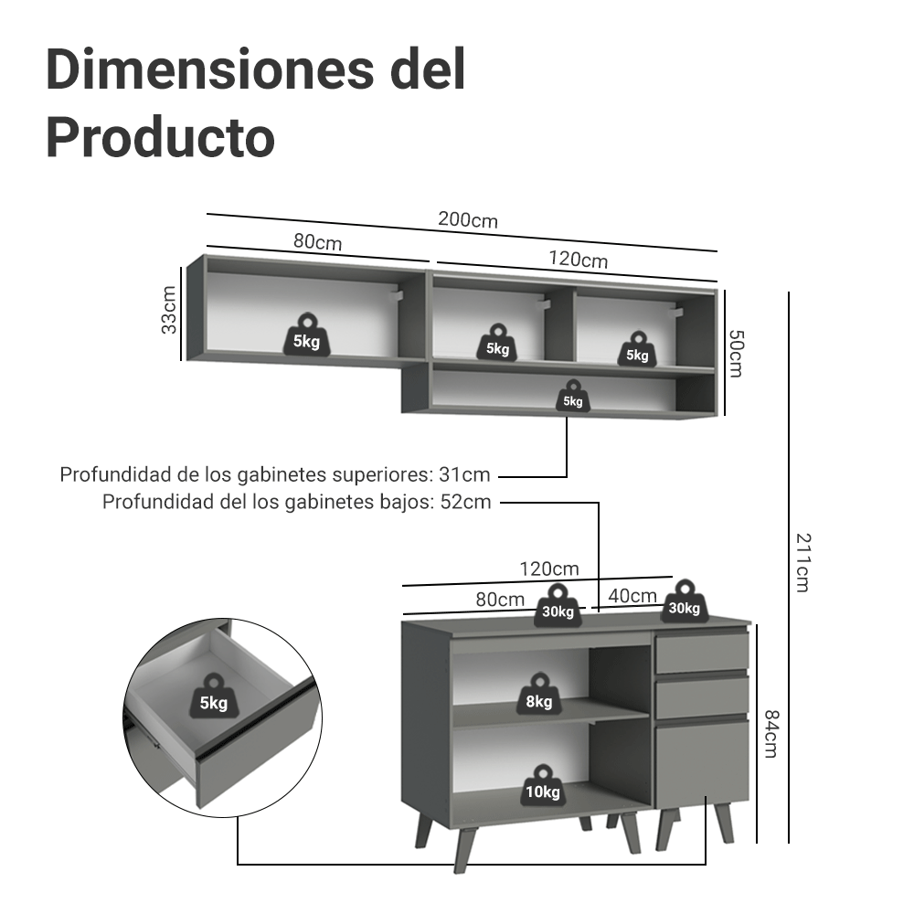 Cocina Compacta 200cm Gris Nice Madesa 13