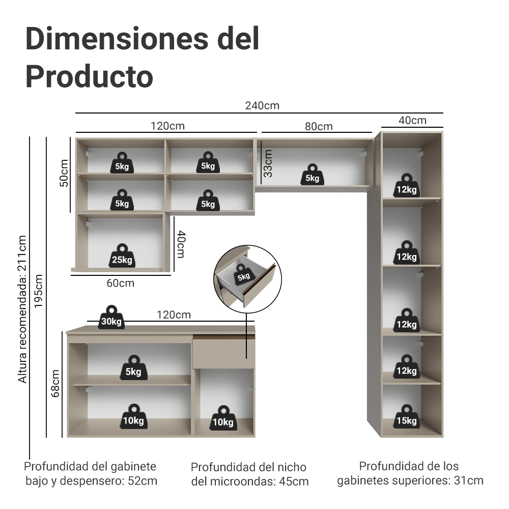 Cocina Integral 240 cm sin Patas Crema Nice 09