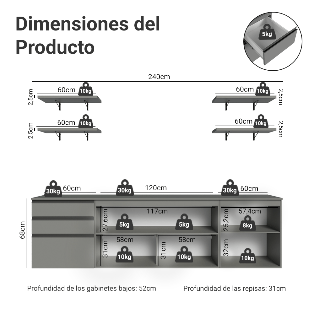 Cocina Integrale 240cm Suspendida Gris Nice Madesa 10