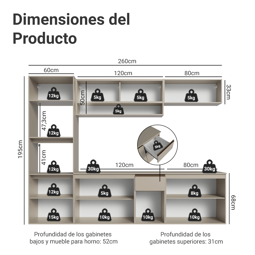 Cocina Integral 260 cm sin Patas Crema Nice 14