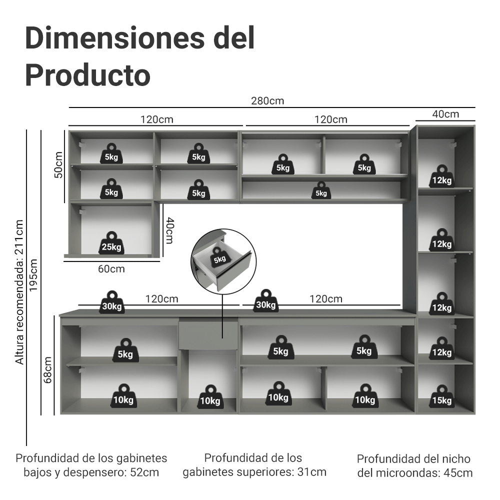 Cocina Integral 280 cm sin Patas Gris Nice 04