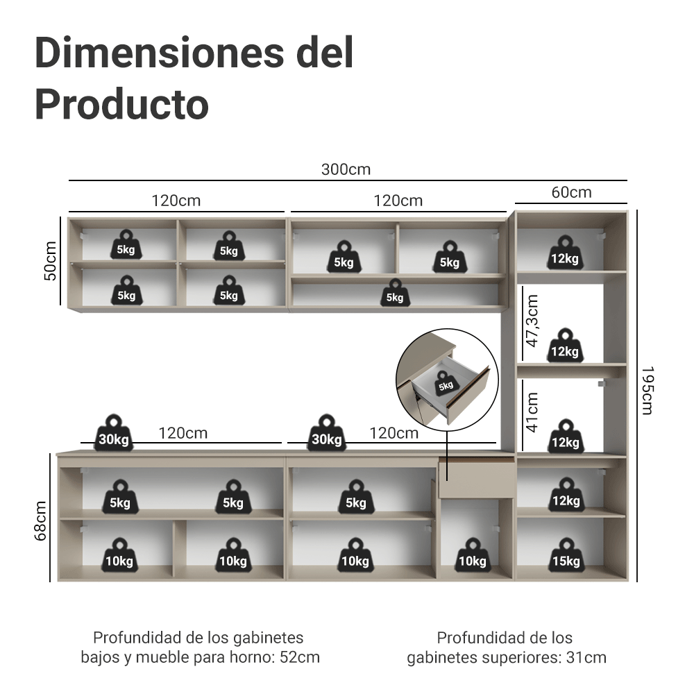 Cocina Integral 300 cm sin Patas Crema Nice 03