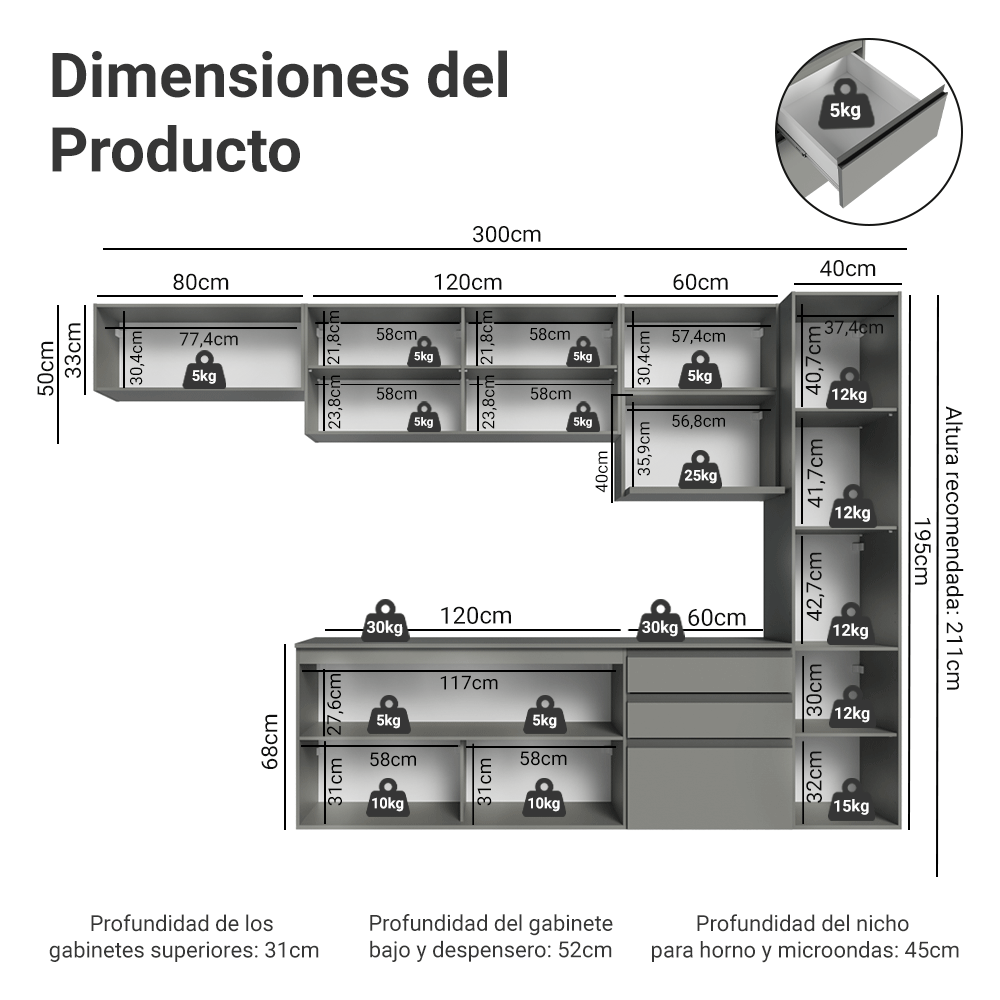 Cocina Integrale 300cm Suspendida Gris Nice Madesa 10