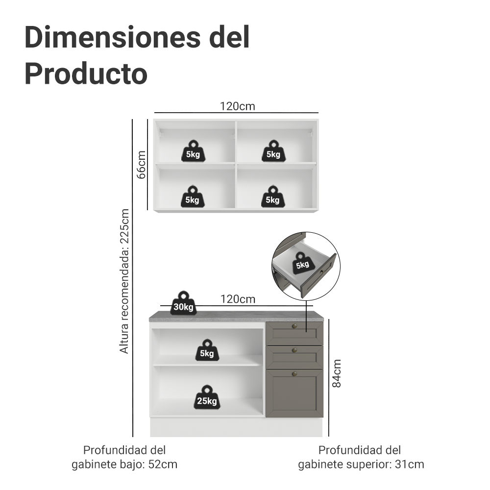 Cocina Integral 120 cm Blanco/Gris Vik Madesa 01