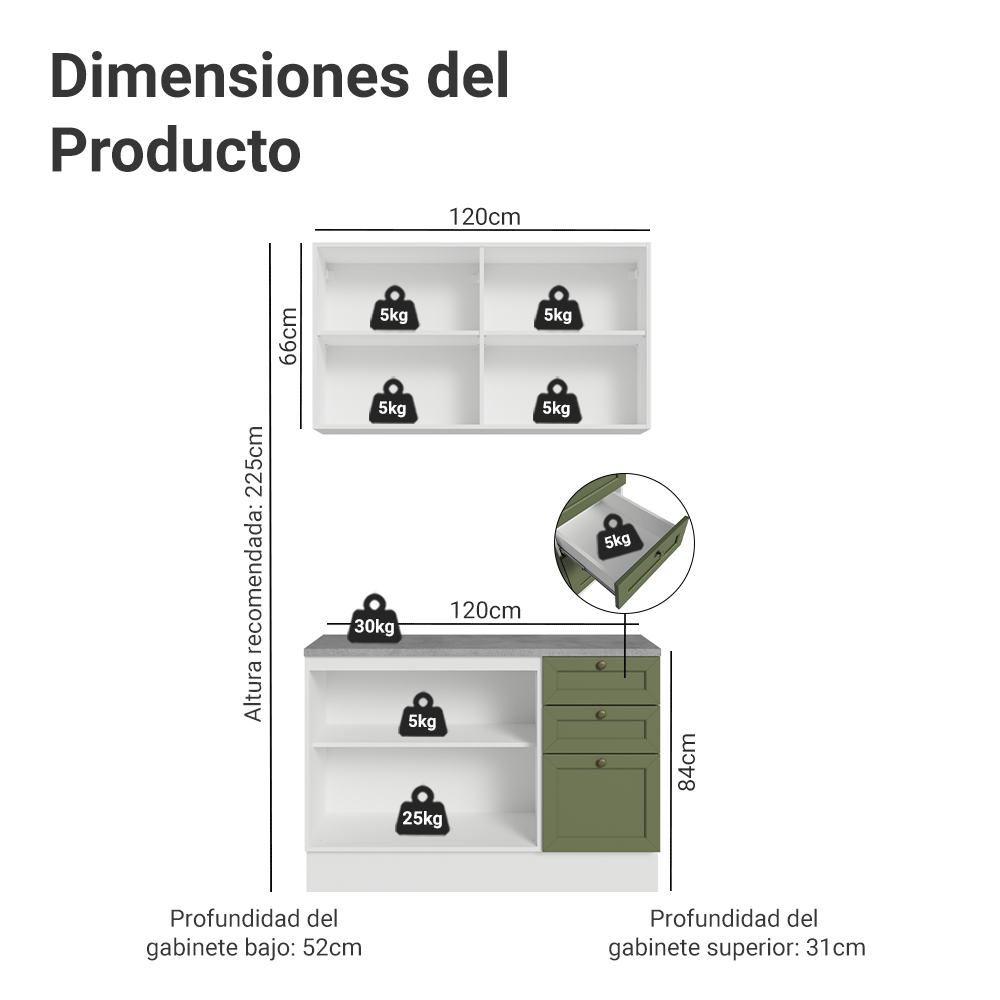 Cocina Integral 120 cm Blanco/Verde Vik Madesa 01