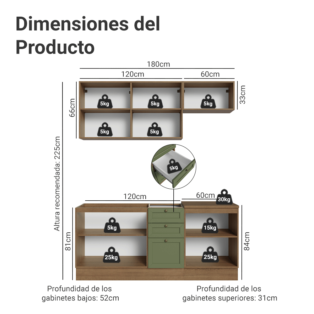 Cocina Integral 180 cm Marrón/Verde Vik Madesa 01