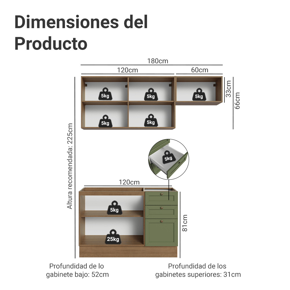 Cocina Integral 180 cm Marrón/Verde Vik Madesa 02