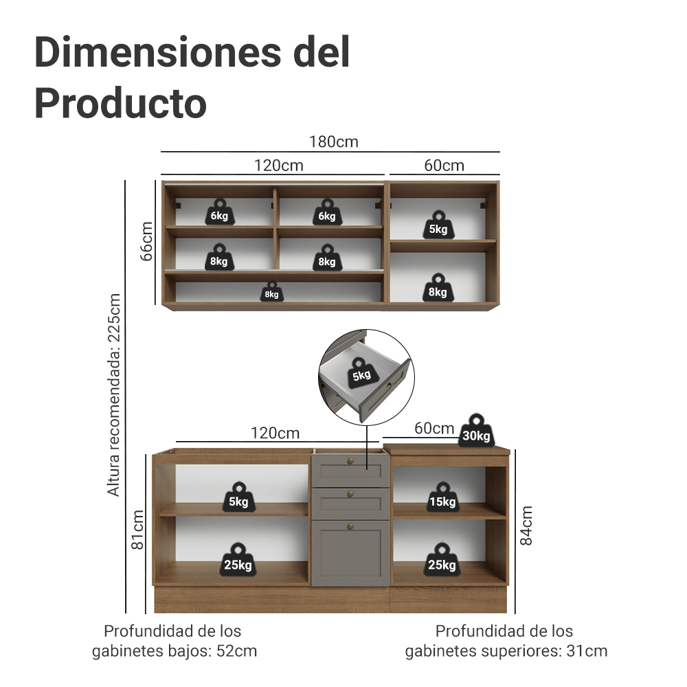 Cocina Integral 180 cm Marrón/Gris Vik Madesa 04
