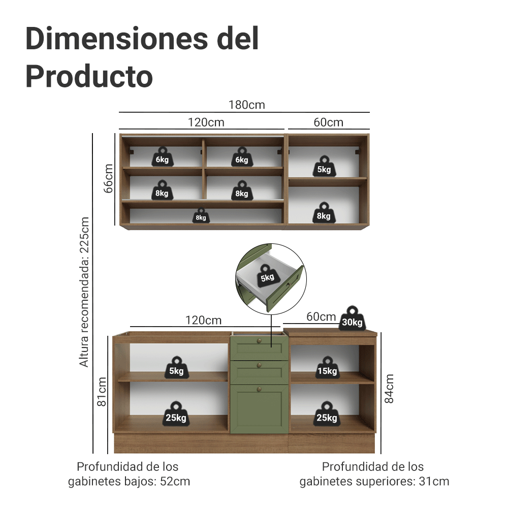 Cocina Integral 180 cm Marrón/Verde Vik Madesa 04