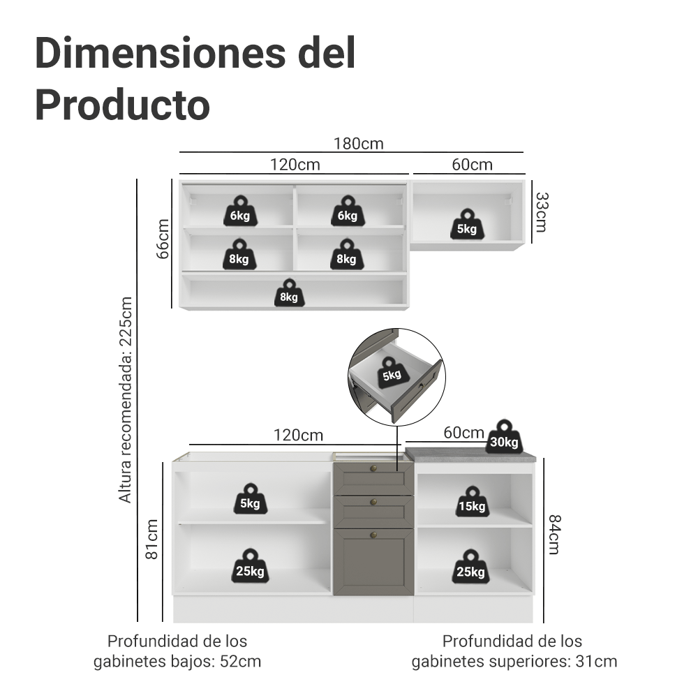 Cocina Integral 180 cm Blanco/Gris Vik Madesa 05