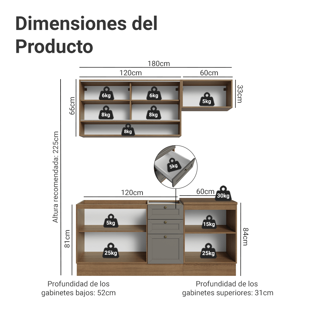 Cocina Integral 180 cm Marrón/Gris Vik Madesa 05