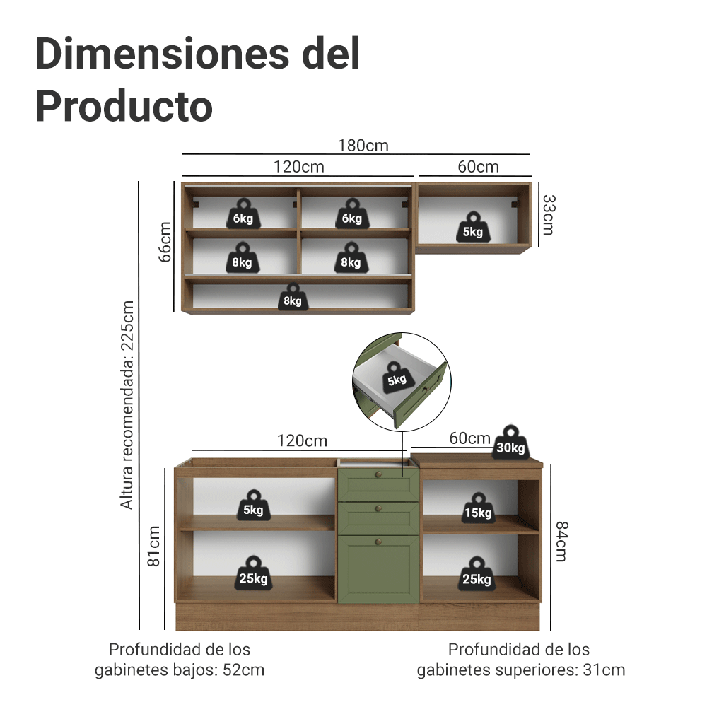 Cocina Integral 180 cm Marrón/Verde Vik Madesa 05