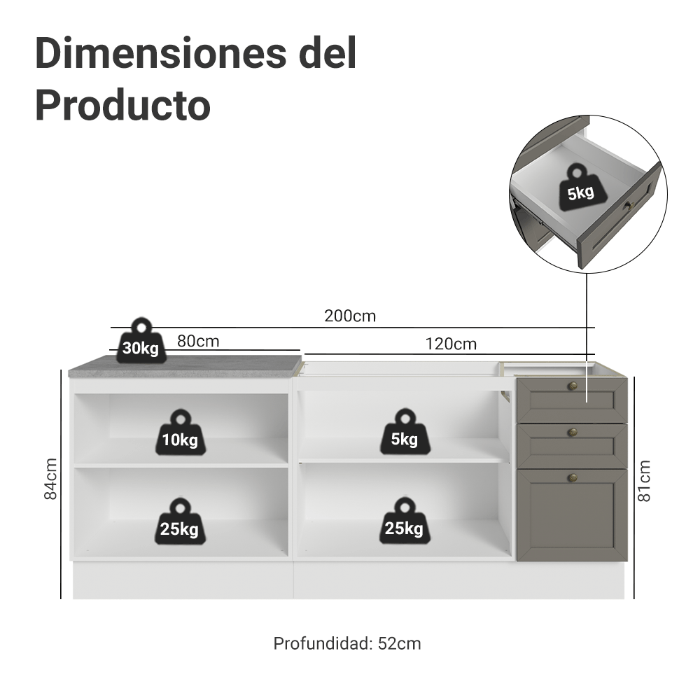 Combo con 2 Gabinetes de Cocina 4 Puertas 3 Cajones (Sin encimera/Fregadero/Tarja) Blanco/Gris Vik Madesa 01