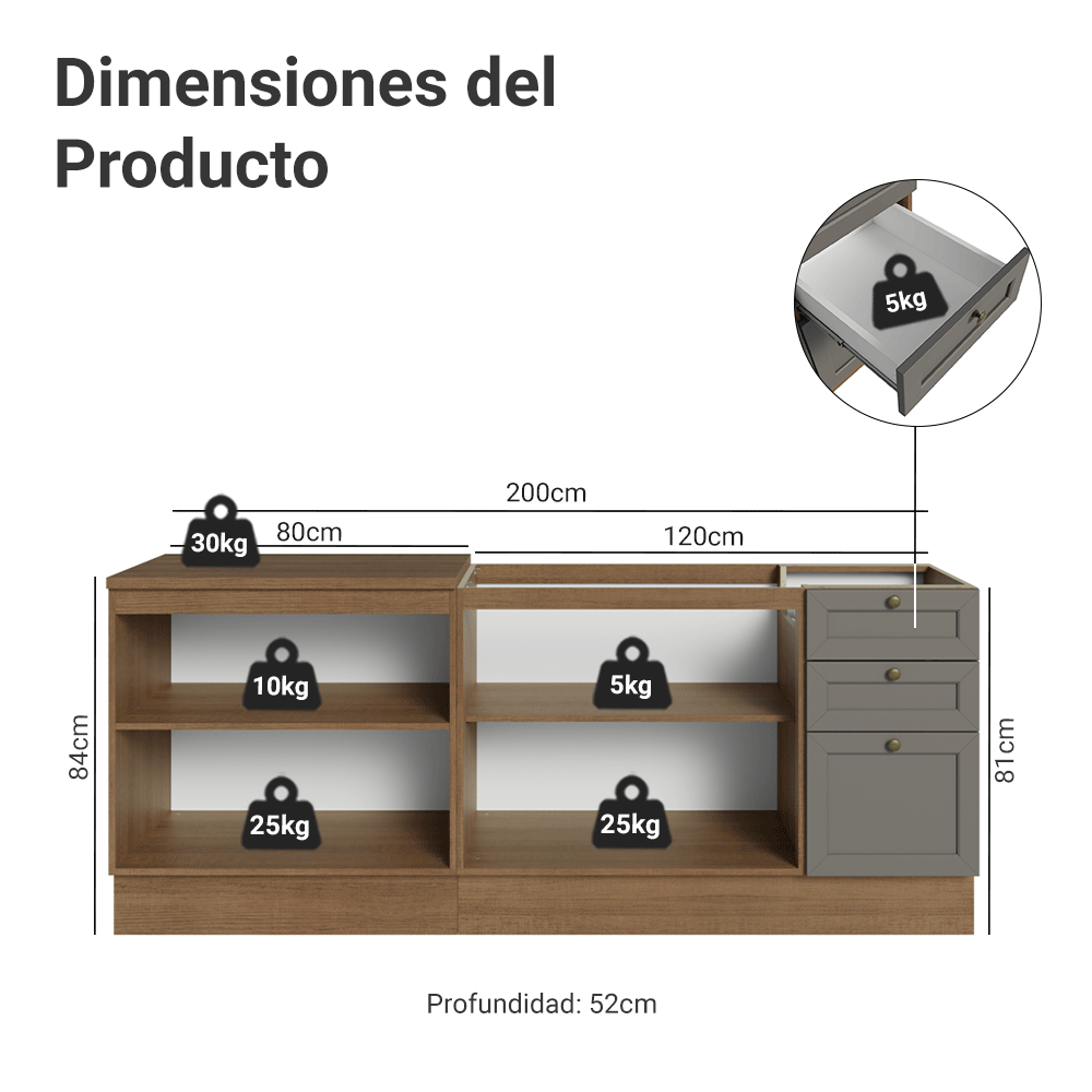 Combo con 2 Gabinetes Bajos de Cocina 4 Puertas 3 Cajones (Sin encimera ni Fregadero) Marrón/Gris Vik Madesa 01