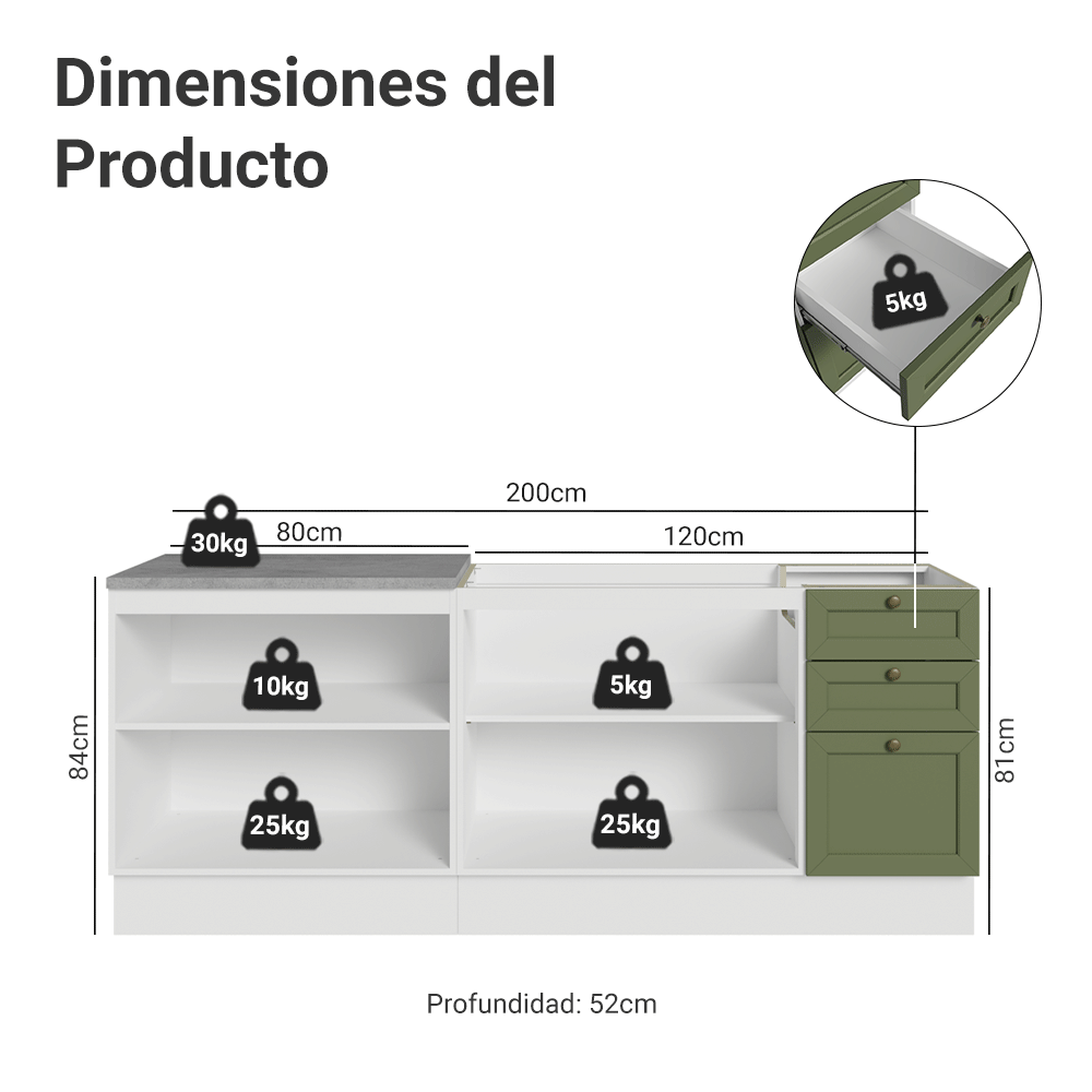 Combo con 2 Gabinetes de Cocina 4 Puertas 3 Cajones (Sin encimera/Fregadero/Tarja) Blanco/Verde Vik Madesa 01