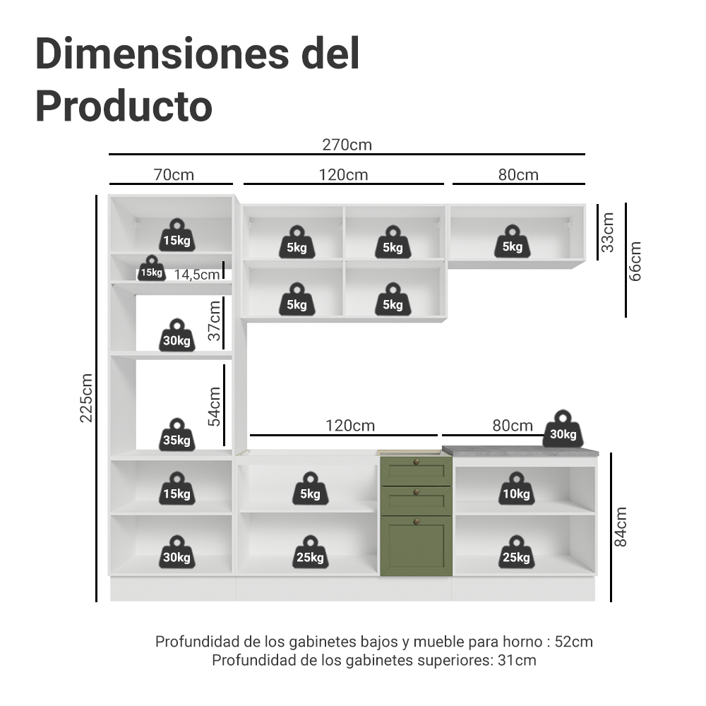 Cocina Integral 270 cm Blanco/Verde/Blanco Vik Madesa 01
