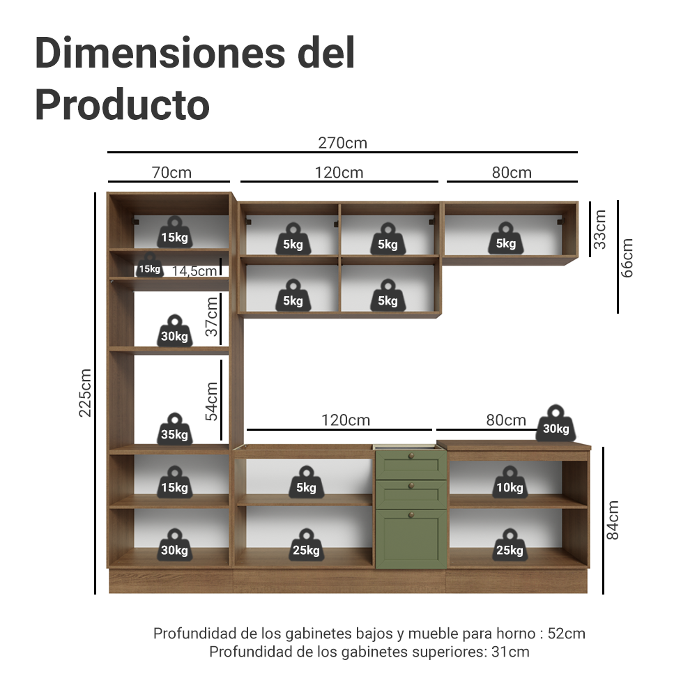 Cocina Integral 270 cm Marrón/Verde Vik Madesa 01