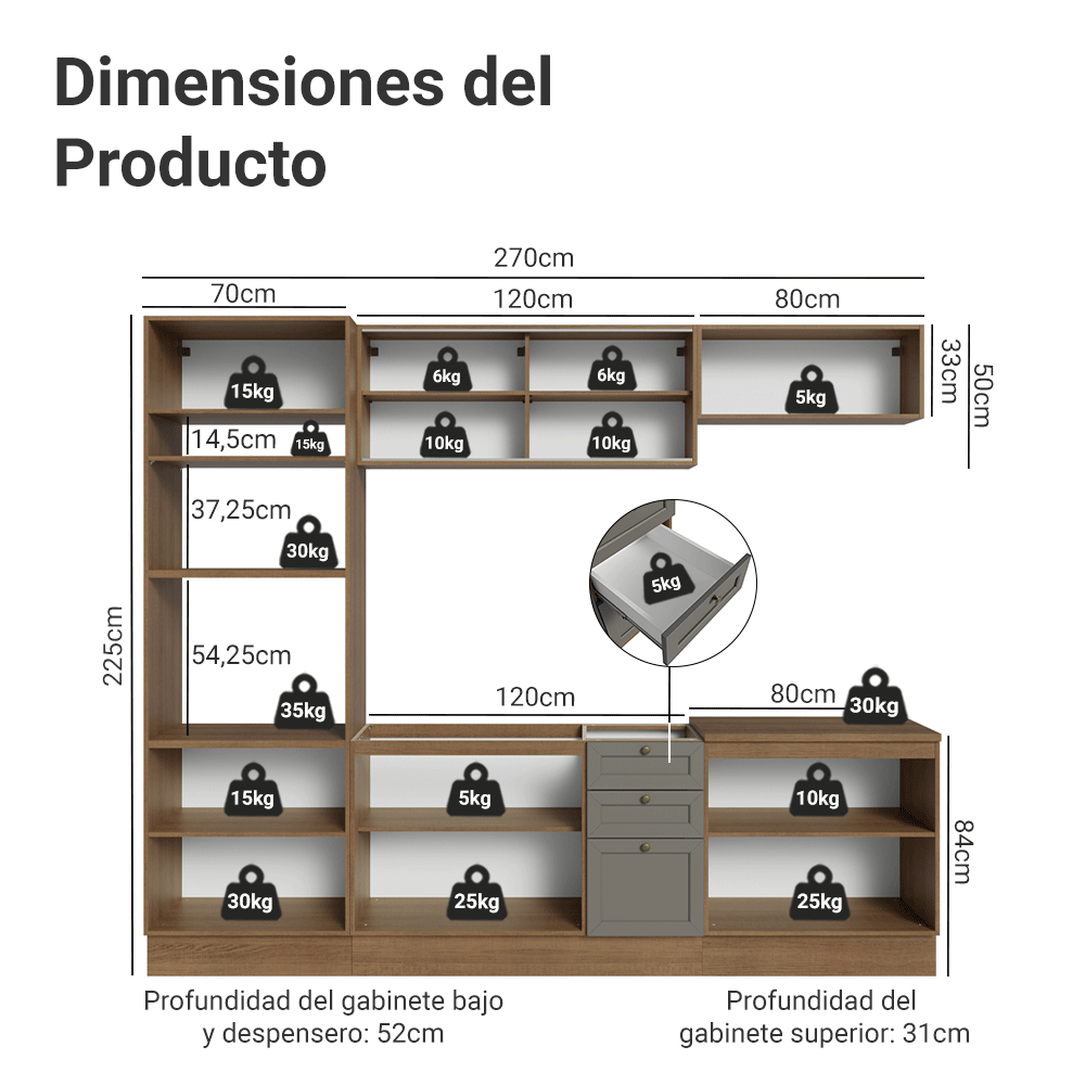 Cocina Integral 270 cm Marrón/Gris Vik Madesa 02